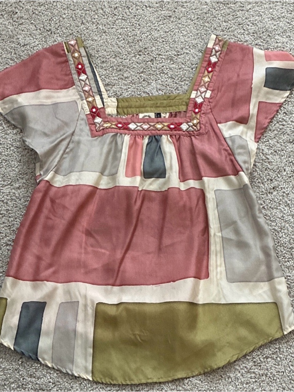 Anthropologie Patchwork Satin Square-Neck Top in Dusty Rose, Olive & Taupe